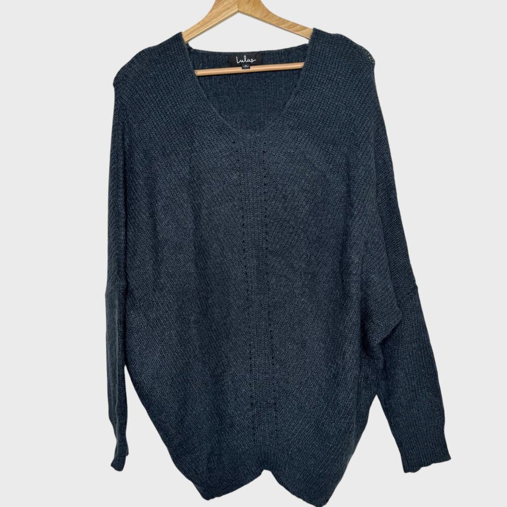 Lulus Small Dark Slate Blue V-Neck Sweater Knit Dolman Sleeve Relaxed Fit Boho